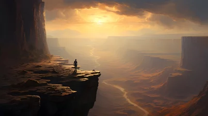 Wandcirkels tuinposter A fearless adventurer stands on the edge of a sheer cliff overlooking a vast canyon, the sheer scale of the landscape emphasizing the insignificance of man © Ziyan Yang