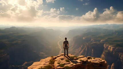 A fearless adventurer stands on the edge of a sheer cliff overlooking a vast canyon, the sheer scale of the landscape emphasizing the insignificance of man