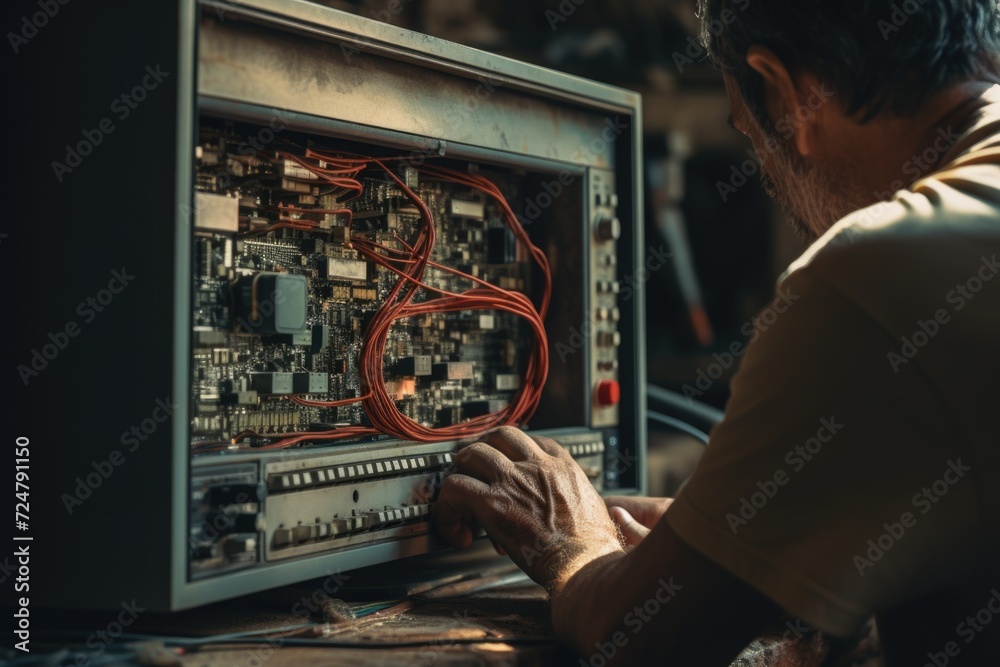 Aufkleber A man is seen working on a computer that has a circuit board on it. This image can be used to depict technology, computer engineering, or IT-related concepts