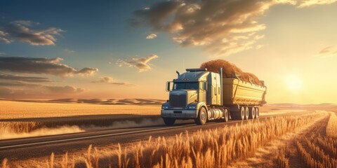 Fototapeta premium A semi truck driving down a scenic rural road. Perfect for transportation or travel-related projects