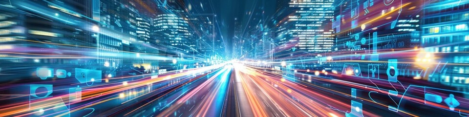 Obraz premium Futuristic modern city with lights and tunnels. Abstract fast moving lights on city street in technology style