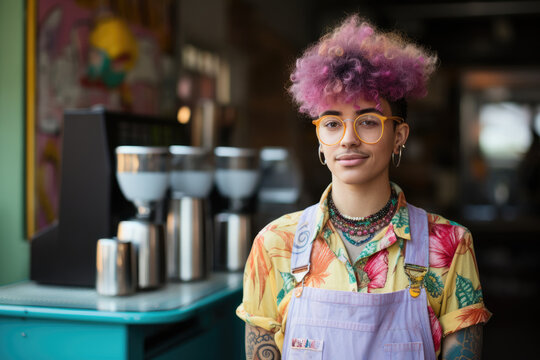 non binary individual with pastel purple and pink hair stands proudly in a café, a coffee machine in the background enhancing their modern, eclectic vibe