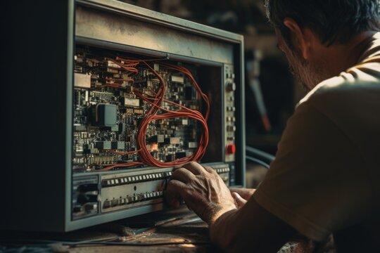 A man is seen working on a computer that has a circuit board on it. This image can be used to depict technology, computer engineering, or IT-related concepts