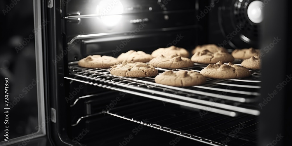 Poster a black and white photo capturing the process of cookies baking in an oven. perfect for illustrating