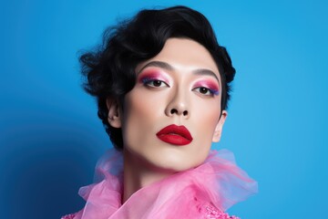 non binary model face closeup with vibrant pink and blue eyeshadow, bold red lips, and a soft pink scarf