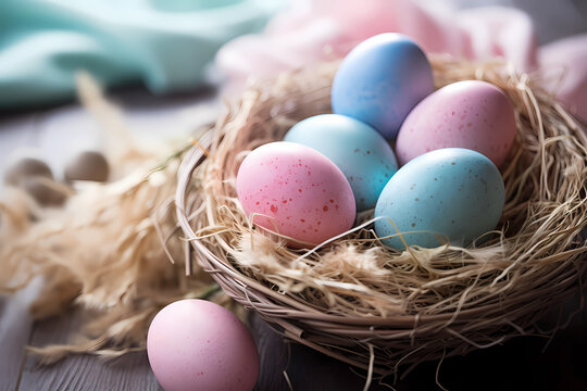 Wicker basket with painted Easter eggs. Image of spotted colored chicken eggs. Tradition for the Christian holiday Easter