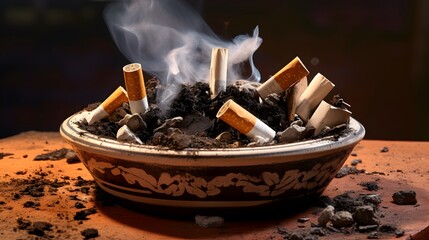 Ashtray full of cigarette butts. Used cigarette in ashtray. Dirty cigarette filter waste in clay ashtray. Toxic waste. Quit smoke or smoking cessation and lung cancer trigger concept. Tobacco product.