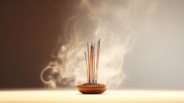 Pure white background with an isolated image of burning incense sticks