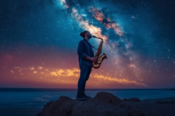 A lone musician serenades the night sky, his saxophone echoing across the still waters as stars twinkle above - obrazy, fototapety, plakaty