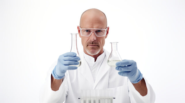 A chemist wearing safety goggles is shown dropping reagent against a stark white background.