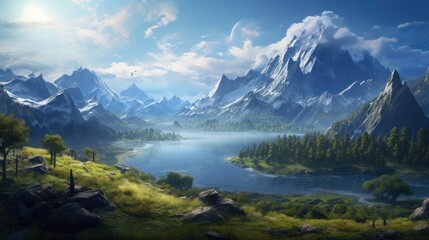 Naklejka na ściany i meble A beautiful RPG world to which you want to move and admire its beauty and breathtaking views game art