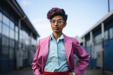 non binary South Asian person stands with hands on hips, exuding confidence in a vibrant pink blazer and urban backdrop