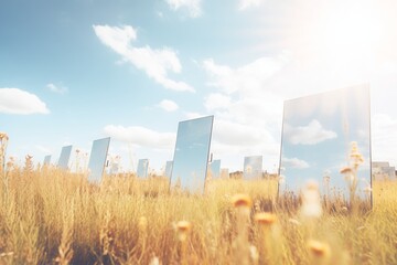 a field of solar mirrors reflecting the sunlight