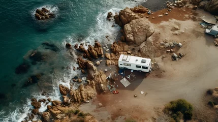Papier Peint photo autocollant Plage de Camps Bay, Le Cap, Afrique du Sud Camper on coast in Spain. Aerial view 