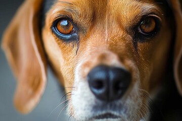 Capturing the essence of loyalty and curiosity, a beagle's snout, adorned with the distinct brown fur of its breed, invites us into the world of man's best friend through the lens of a close up - obrazy, fototapety, plakaty