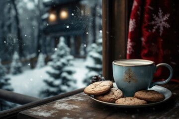 Obraz na płótnie Canvas A simple yet inviting image of a cup of coffee and some cookies placed on a table. Perfect for illustrating cozy moments and indulgence.