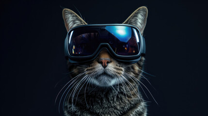 Naklejka premium Cat wearing Virtual reality headset. VR, metaverse worlds, modern technologies, gadget for online games