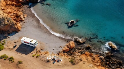 Camper on coast in Spain. Aerial view 