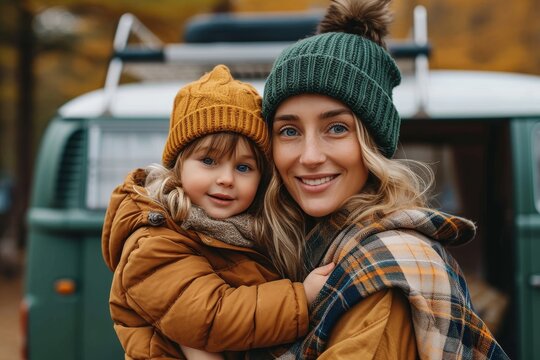 A young girl and her mother capture a moment of joy in their winter attire, with the girl's bonnet and the mother's jacket adding a touch of warmth to the cold outdoor scene as they pose for a pictur
