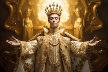 regal person exudes a commanding presence, adorned in a golden crown and ornate robes, surrounded by statuesque golden figures