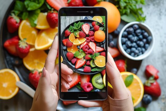 Capturing the vibrant colors of wholesome fruits, a person snaps a photo with their mobile phone, showcasing the natural goodness of vegetarian and vegan nutrition in the form of juicy oranges, succu