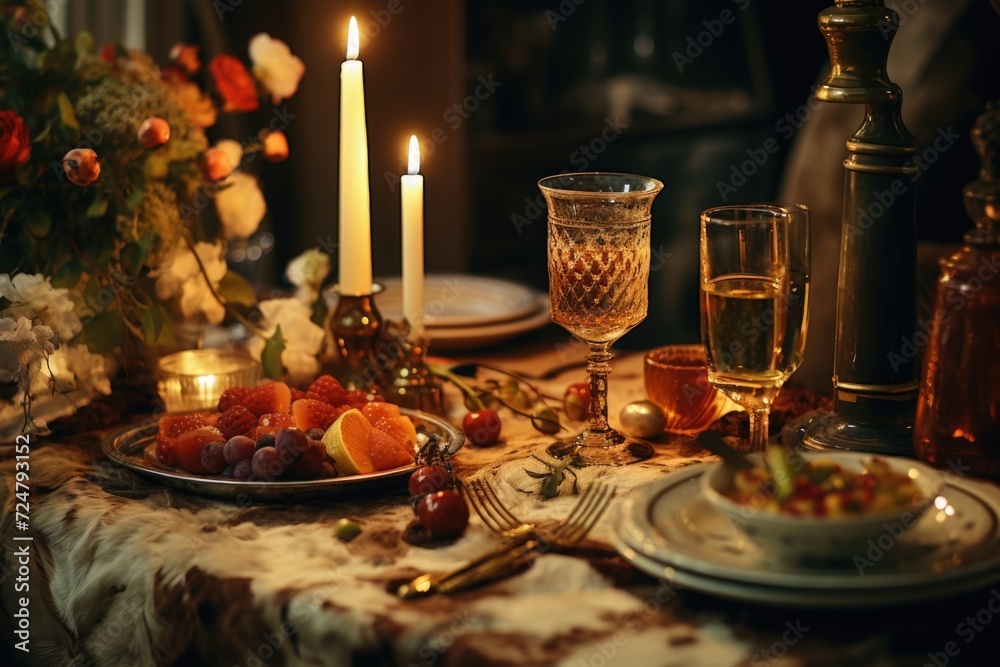 Aufkleber A table with a plate of fresh and colorful fruits alongside a lit candle. Perfect for adding a touch of elegance and freshness to any occasion