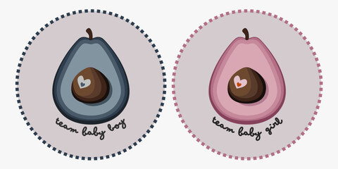 Cute baby gender reveal greeting card, sticker, template, label, flyer with unique pink and blue avocado motif