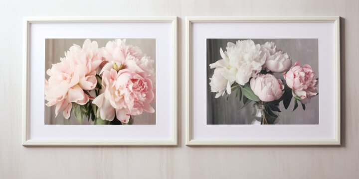 Two framed pictures of pink and white flowers. Perfect for adding a touch of elegance and beauty to any space