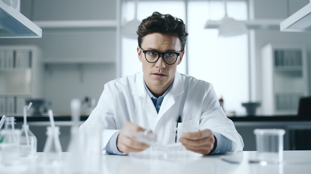 A solitary doctor in a lab against a stark white background