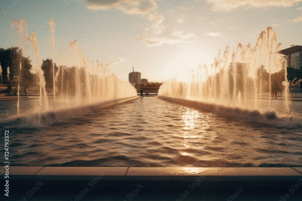 Poster A picture of a large fountain with water shooting up into the air. Perfect for adding a touch of elegance and relaxation to any design or project