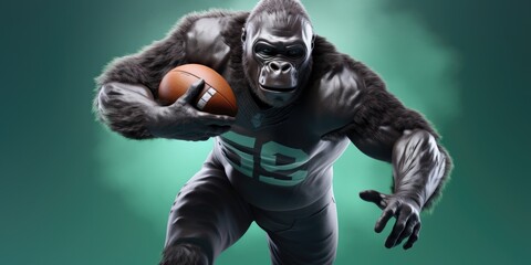 A powerful gorilla holding a football in its hand. Perfect for sports enthusiasts and animal lovers alike
