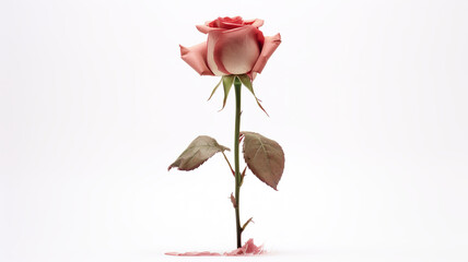 A delicate rose alone against a stark white background