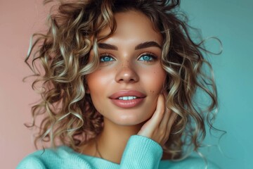 A young woman with cascading ringlets and piercing blue eyes, dressed in surfer chic clothing, smiles radiantly as she poses against a wall in a portrait photography session, showcasing her flawless 