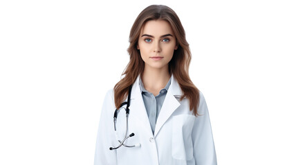 Fototapeta premium Stethoscope in the hands of a doctor wearing a white coat, isolated on a white background
