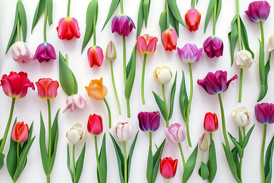 Top view of colorful tulips on white background, spring flowers with leaves photo arranged in pattern