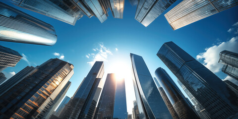 Downtown city with skyscrapers. Tops of high-rise buildings with blue sky. Business skyscrapers view from below.