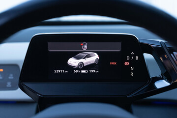 Electric Car Dashboard Charge display. Battery indicator fills up to 199 km from 0. Electric car...