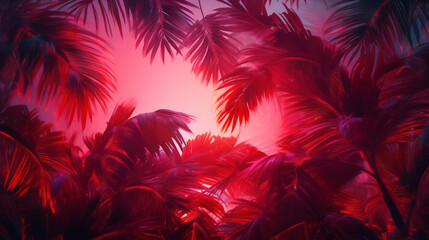 Tropical plants under red sky. Palm leaves are painted with scarlet sunset. Tropical jungle with fantastic flora