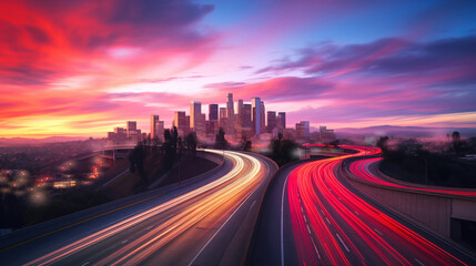 Obraz premium City panorama with skyscrapers and high-speed roads. Highway leading to city from bird eye view. Downtown at sunset