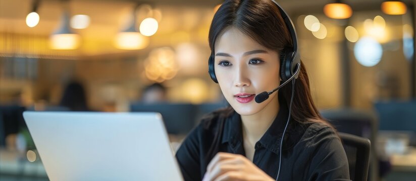 An Asian woman is working in a call center, assisting customers online, wearing a headset and typing on her laptop in the company office.