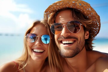 Amidst the vibrant summer sky, a woman with a beaming smile captures the perfect vacation moment with her fashionable eyewear and sun hat, while the man beside her rocks cool sunglasses and goggles