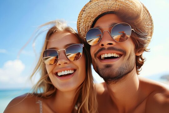 A couple captures their carefree summer adventure, donning stylish sunglasses and sun hats, while the warm sun radiates upon their happy faces, in a fun and cool selfie