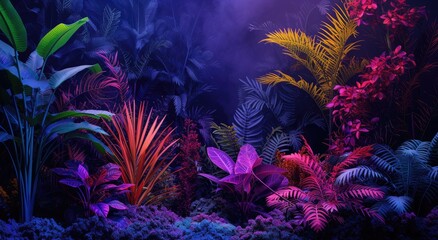 Fototapeta na wymiar Tropical leaves and monstera plants illuminated in striking neon hues.