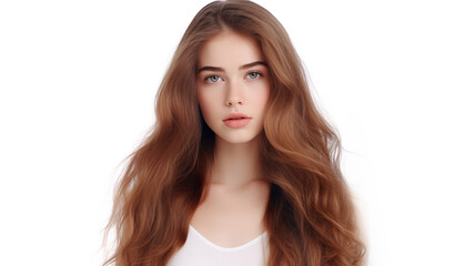 Fototapeta premium Long-haired, attractive girl posing in a studio, isolated against a stark white background