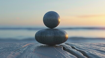 Balancing stones on a wooden surface against the background of the sea