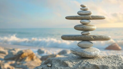 Zen stones balance on the seashore