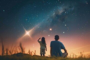 A father and his daughter share a moment of wonder and connection under the twinkling stars, surrounded by the peacefulness of the grassy outdoors
