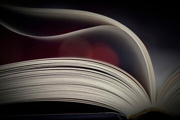 A close-up of book pages with red and dark background
