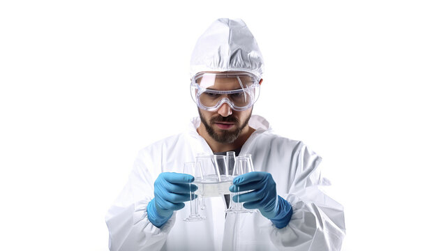 Water is poured by a scientist wearing safety goggles against a stark white background.