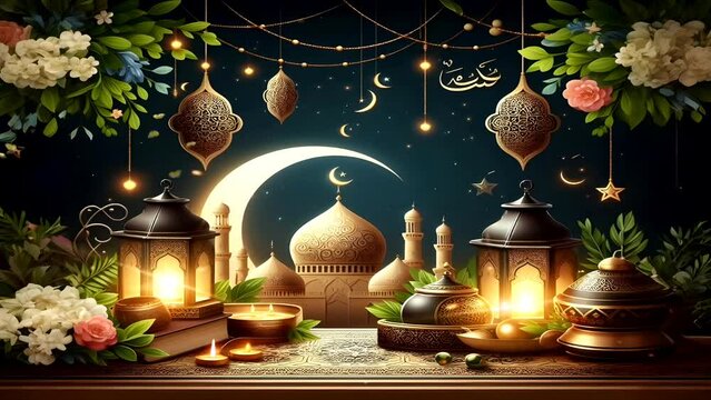 Animasi background islami dengan adegan tenang, hiasan keagamaan megah seperti ramadhan, haji, idul fitri dan acara islami lainnya. Latar belakang animasi vertical video 4K perulangan mulus